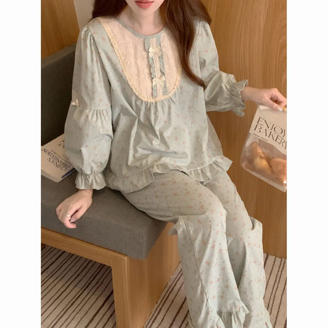 

Милые пижамные комплекты в корейском стиле для девочек, свободные кружевные пижамы в стиле принцессы, домашняя одежда, комплект из 2 женских костюмов, ночная одежда для пар, женская одежда