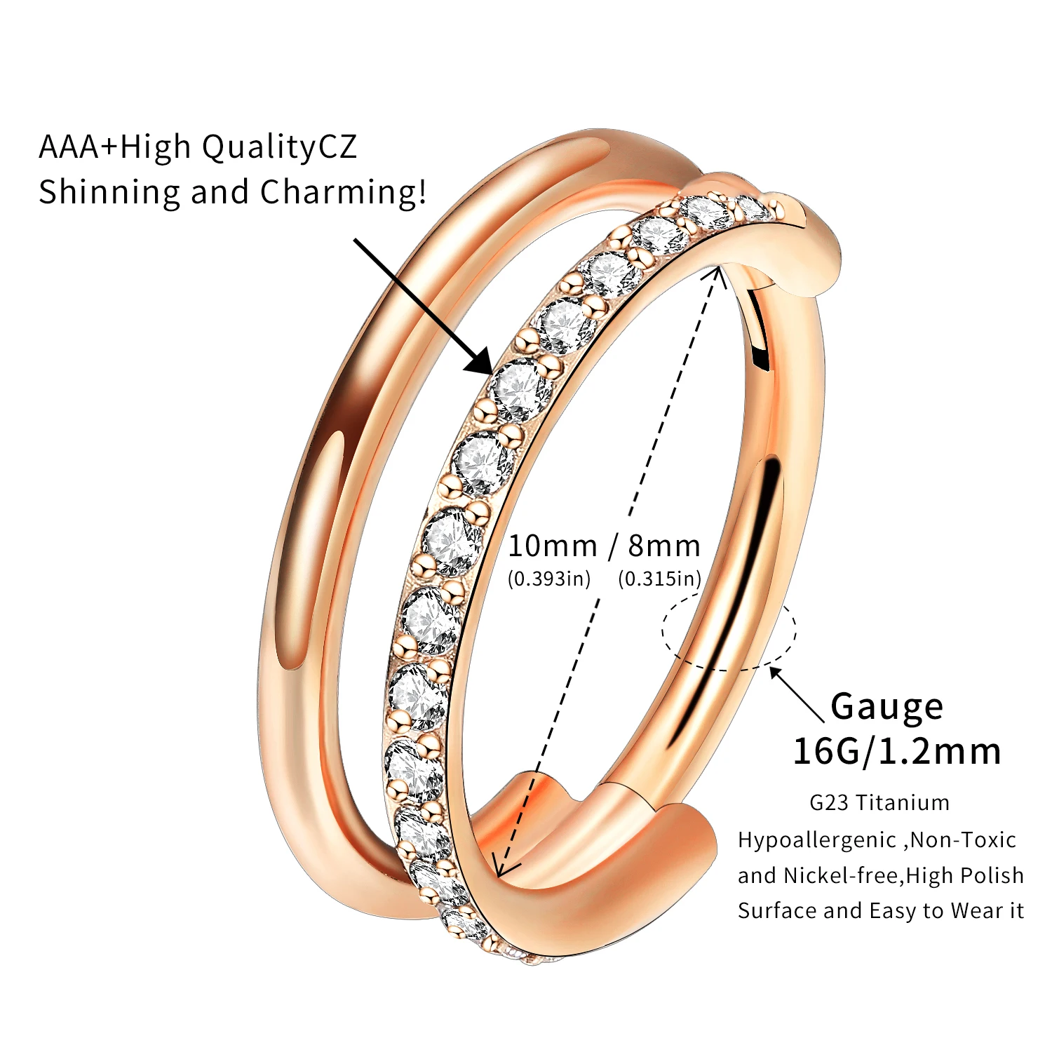 G23 16G Titanium CZ Row Conch Nose Ring Cartilage Hoop Daith Tragus Helix Lobe Earring Hinged Segment Clicker Piercing Jewelry