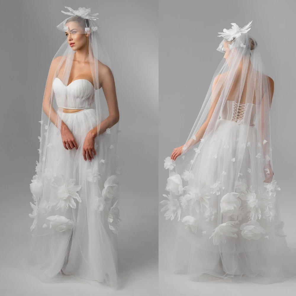 Elegant Wedding Veils Flowers Appliques Lace White Ivory Tulle Bridal Veil with Combs Floor Length Veu de Noiva Longo Customized