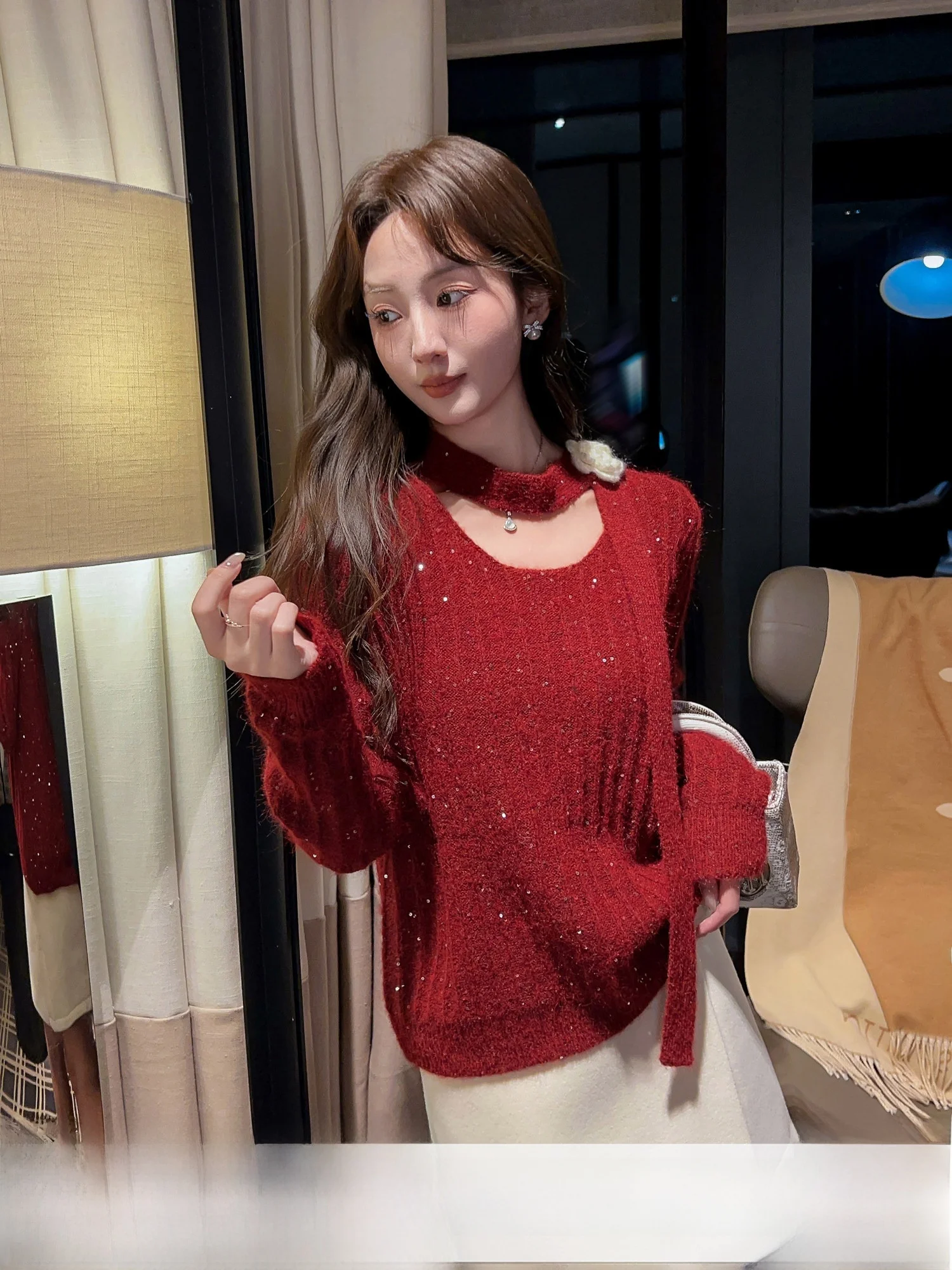 

Новогодний женский свободный свитер с пайетками, французский стиль, удлиненный, утепленный, зимний модный топ