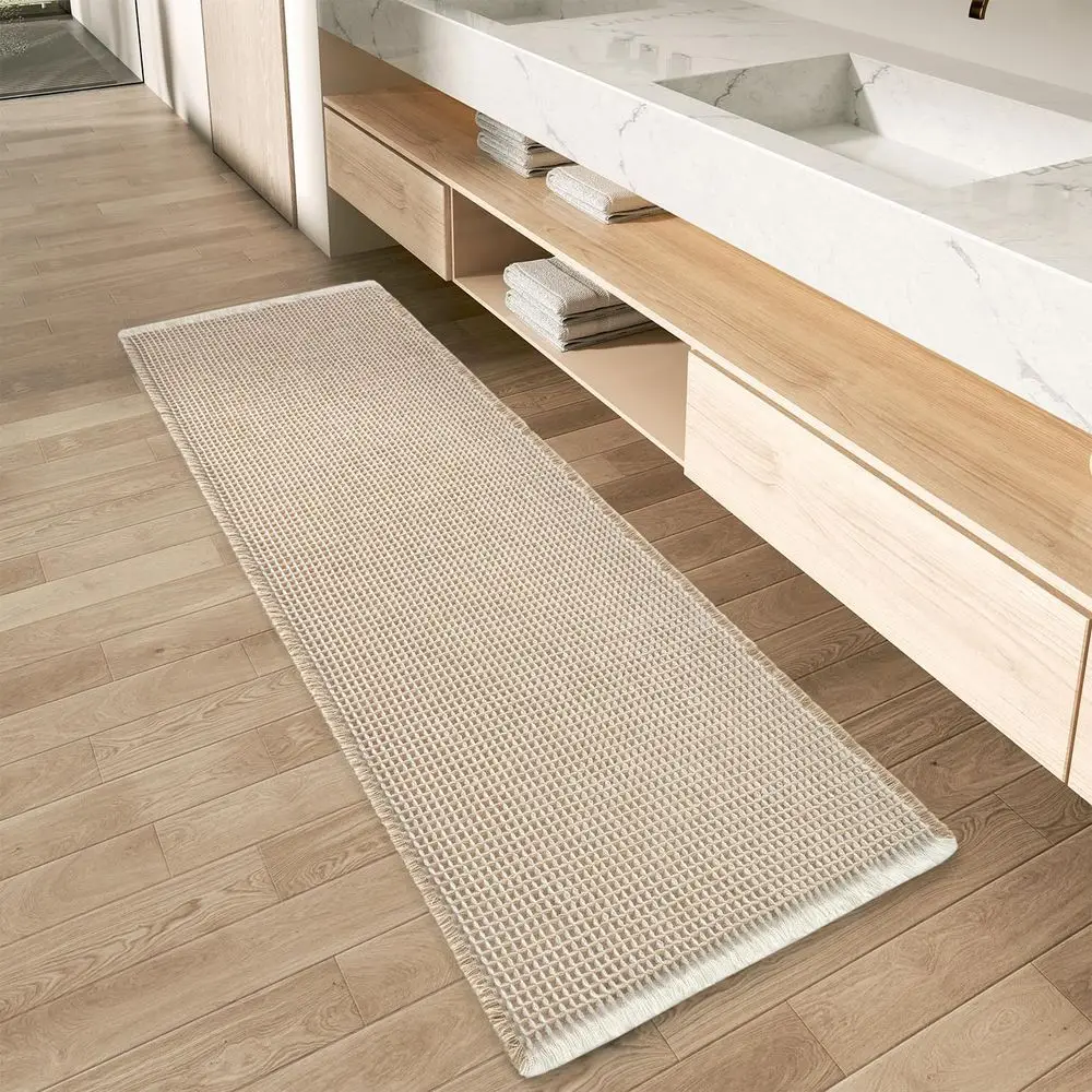 

Super Absorbent Non-Slip Bath Mat with Tassels, Washable Runner Rug for Bathroom, Hallway, 2' x 6', Brown & Cream