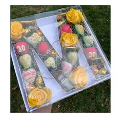 Caja en forma de letra de cartón rellenable 3D con tapa transparente para pastar Flores, pastel, dulces, chocolate dulce, cubierto de fresa, 30cm