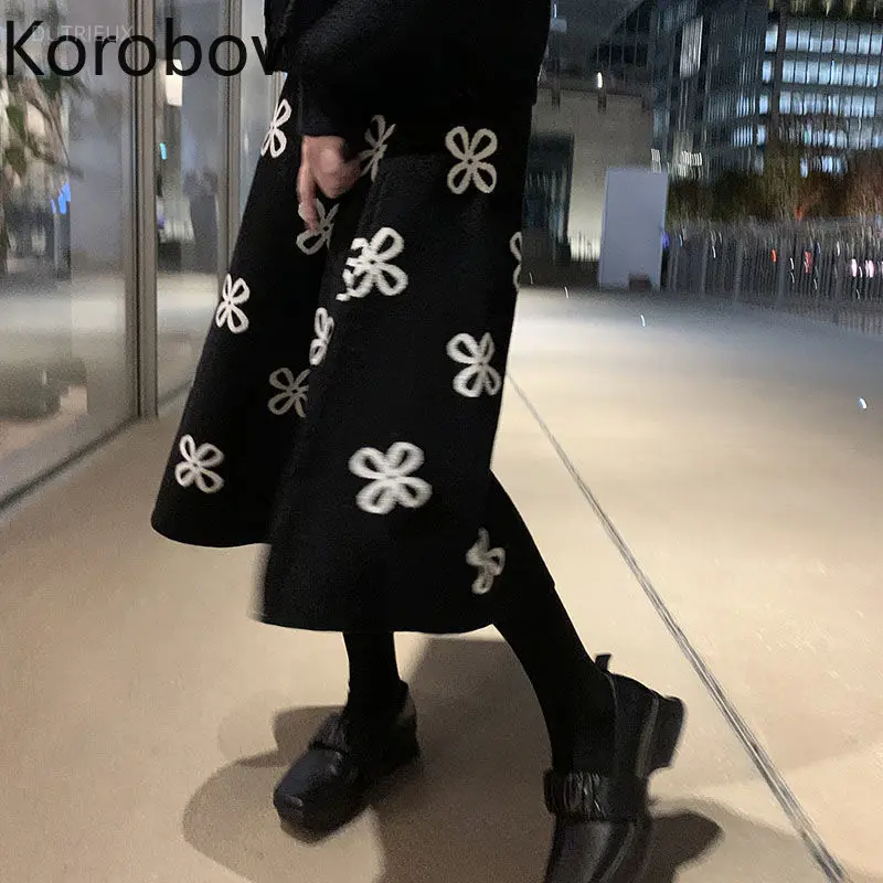 Vintage Floral Sweet Elegant Black Skirts Korean High Waist A-Line Faldas Mujer 2026 Autumn Knitted Sweater Skirt