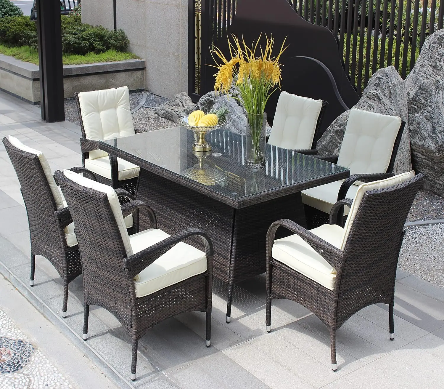 Patio 7-Piece Rectangular Dining Set With 6 Chairs Brown Beige Cushion, Customized