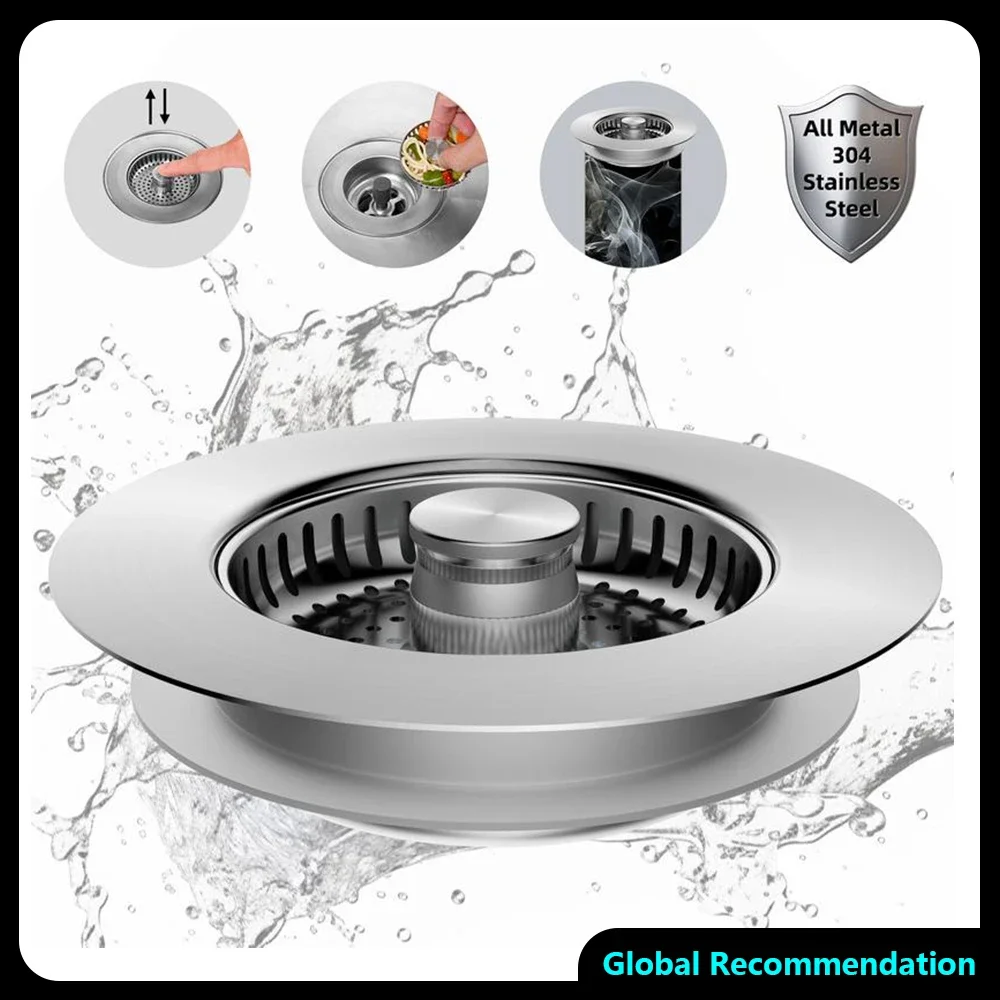쉽게 제거 및 청소 가능한 3-in-1 싱크대 막힘 방지기 - 304 스테인리스 스틸 메쉬, 미국 표준 3.5인치 배수구와 호환