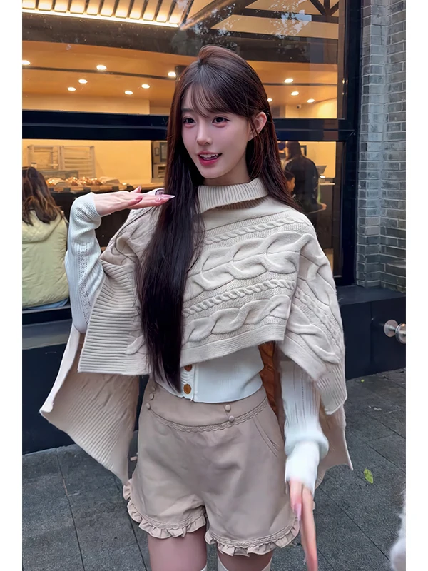 

High Collar Twisted Knit Asymmetrical Coat for Women Khaki Lace orts Autumn Winter Casual Sle Loose Fit Long Sve ort...