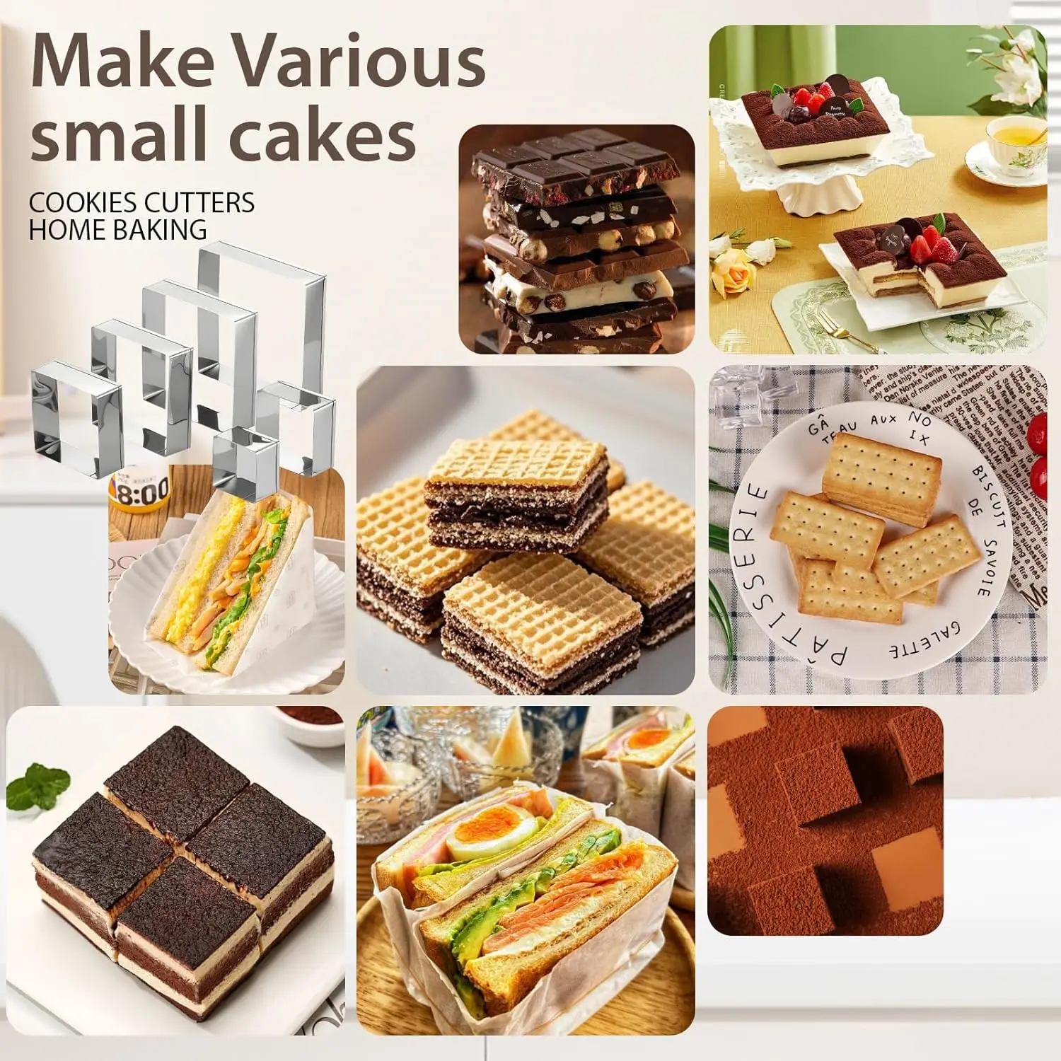 Cake Ring Set, 5PCS Square Stainless Steel, Food Grade Smooth Edge Easy Clean, Pancake Biscuit Molds, Cake Decorating