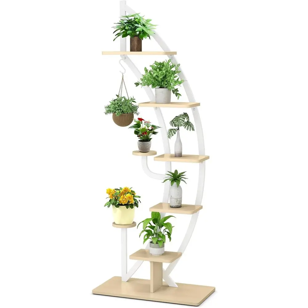 

6-Tier Curved Metal Plant Stand with Hanger and Anti-Toppling Feature for Indoor Living Spaces and Balconies (White)