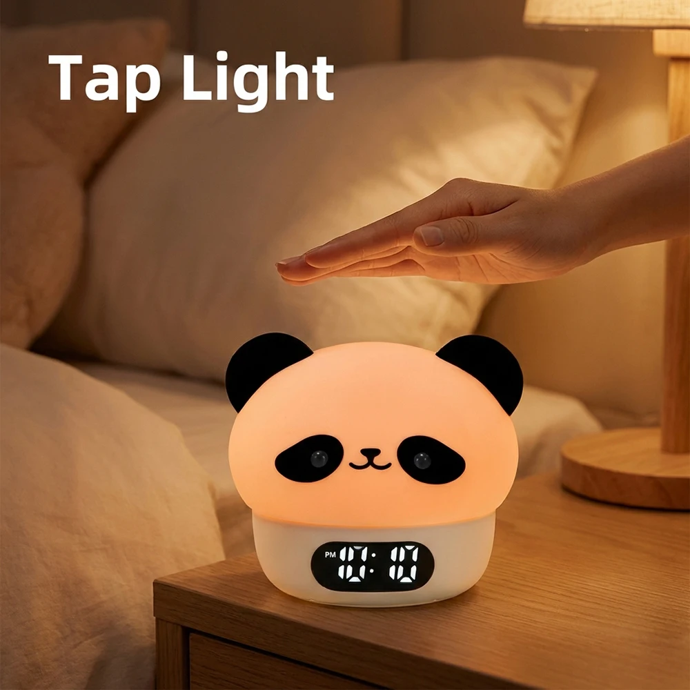 Cute Panda Digital Alarm Clock Kid-Friendly Lamp Rechargeable Colorful Night Light  Touch-sensitive for Sleep Help Ideal Gift