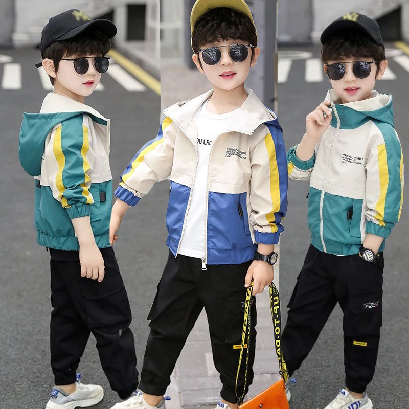 3-12 Years New Spring Autumn Boys Coat Handsome Splicing Style Hooded Windbreaker Jacket For Kids Children Birthday Present