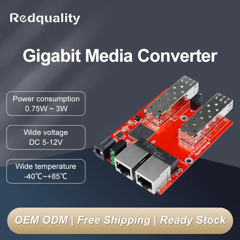 

Gigabit Fiber to Ethernet Converter PCBA, 1x9 Single/Dual 3/20km, DC5-12V Power, RJ45 to SFP Media Converter Board without Case