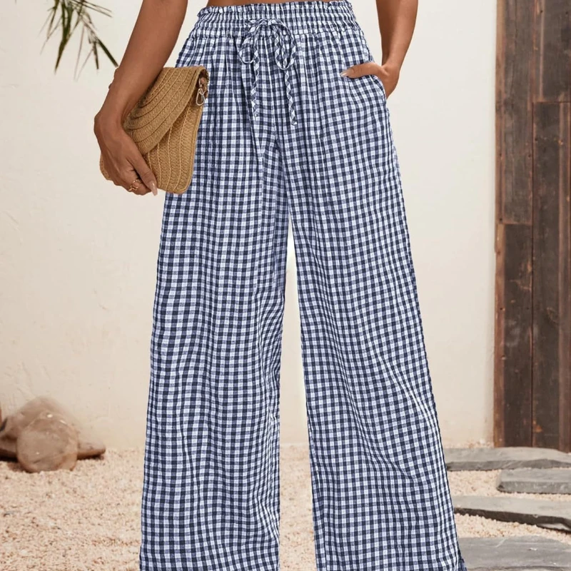Geruite damesbroek met wijde pijpen en zakken voor herfst/winter Hoge taille Trekkoord Zwierig Casual modebroek voor Halloween