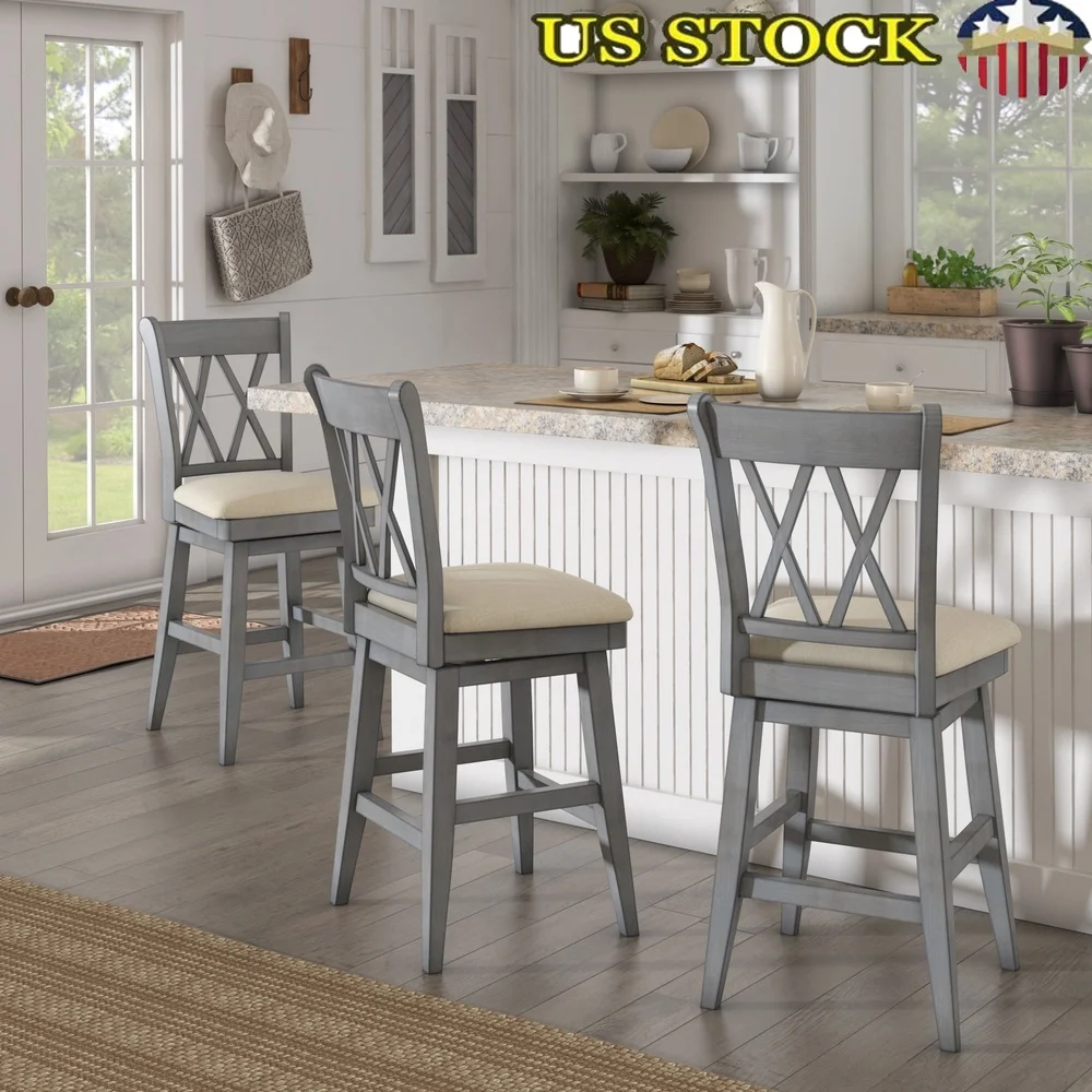 Rustic Double X Back Swivel Stool 24 Inch Counter Height Padded Seat Footrest Durable Rubberwood Kitchen Dining Bar Furniture