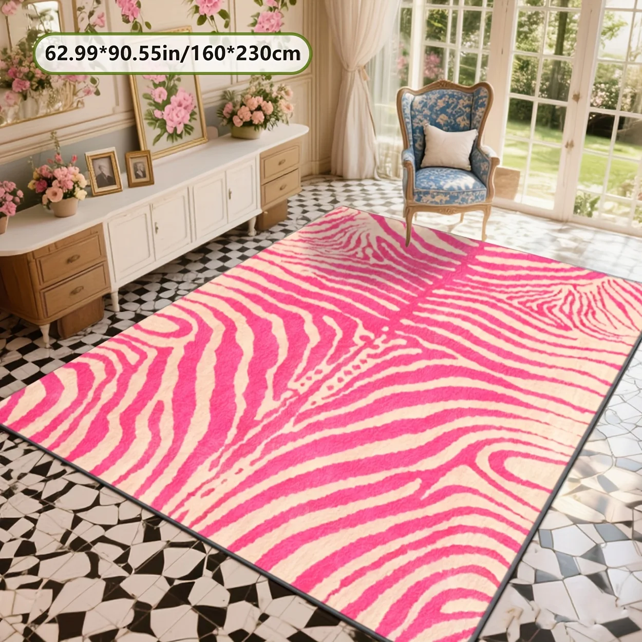 VIKAMA Pink Zebra Stripe Area Rug,Non‑Slip Mat,Animal Skin Print Carpet for Girls Bedroom Living Room Indoor Home Decor Rug