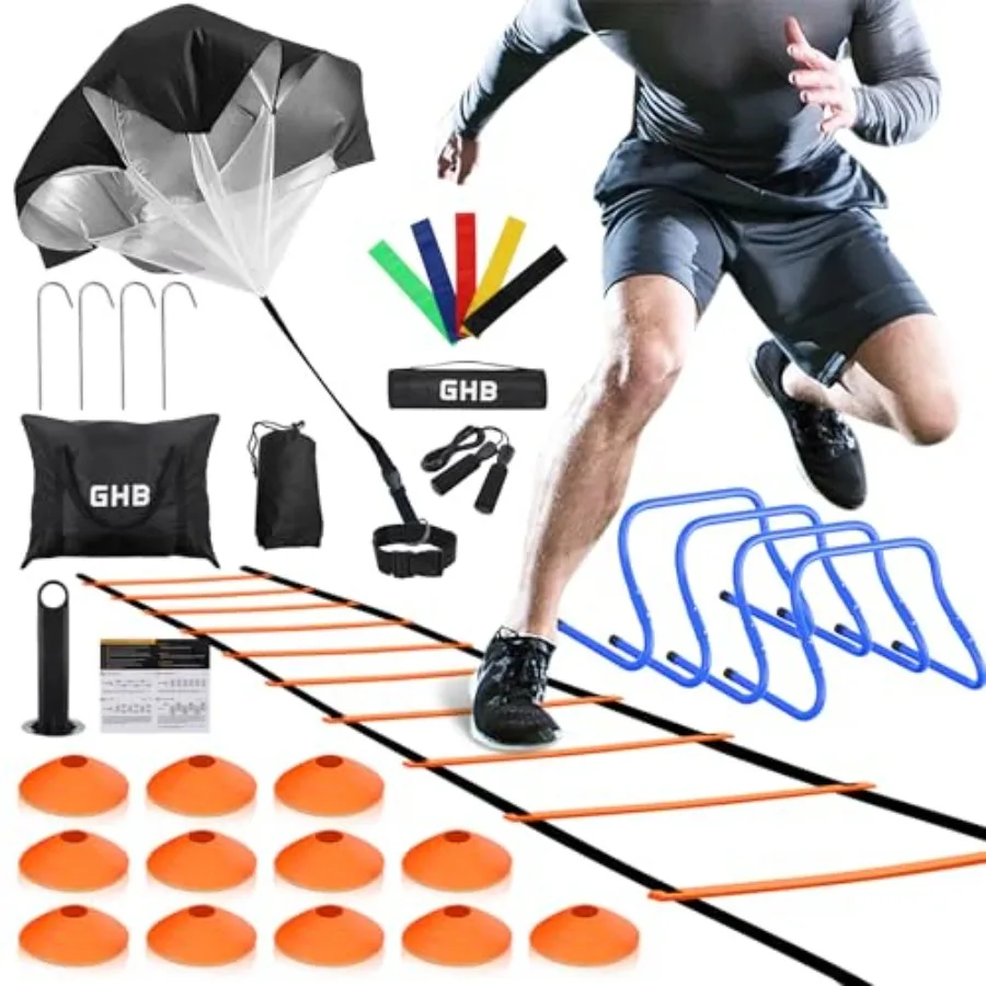 

Agility LadderFootball Training Equipment Set 4 Agility Hurdles 20 feet12 Rungs Speed Ladder 12 Disc Cones Resistance Parachute