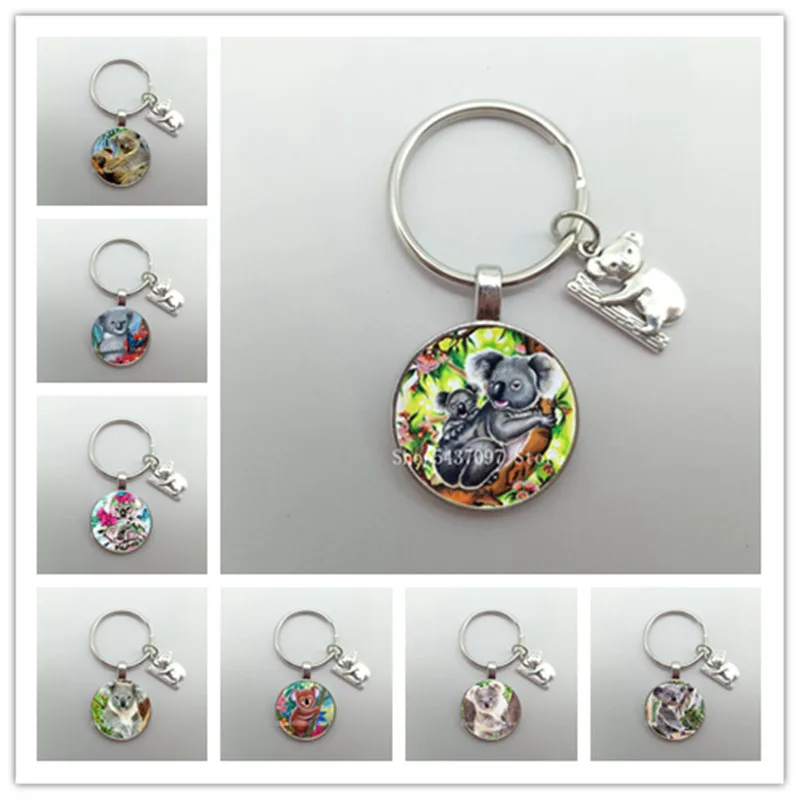 Cute Koala Keychain Animal Photos Glass Round Keychain Koala Charm Pendant Keychain Handbag Car Accessories Jewelry Gifts