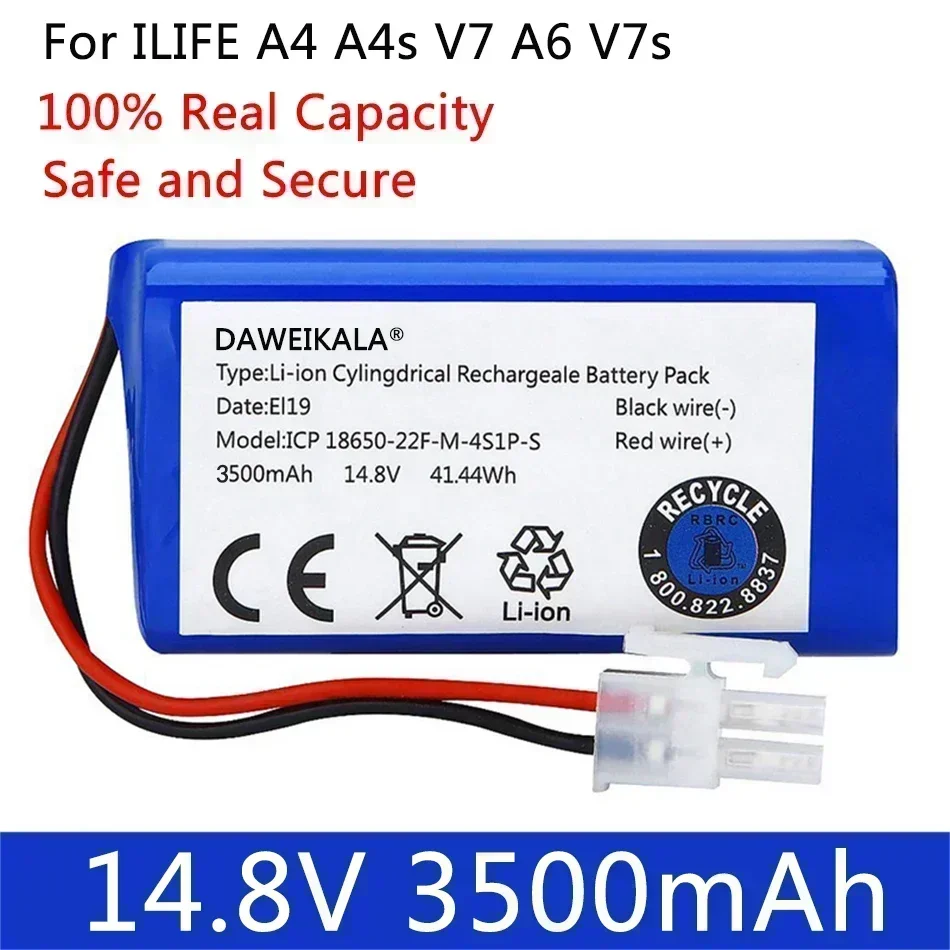 For 14.8V 3500mAh 14.4V Lithium Battery For ILIFE A4 A4s V7 A6 V7s Plus Robot Vacuum Cleaner ILife 4S1P real Capacity