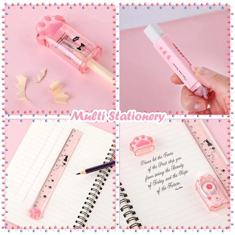 Cute Cat Paw Stationery Set, 6 Pcs Kawaii Cat Stationary Kit Pencil Sharpener Retractable Eraser Correction Tape Ruler