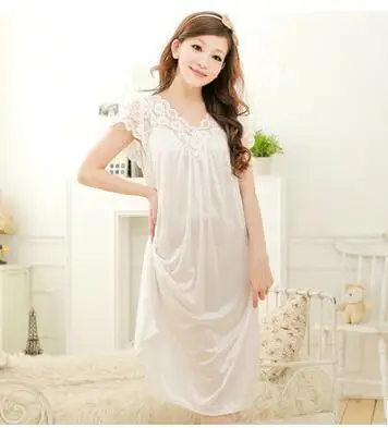 

Summer Sexy Female Lounge Sleepwear Long Design Loose Female Ice Silk Lace Princess Palace White Nightgown