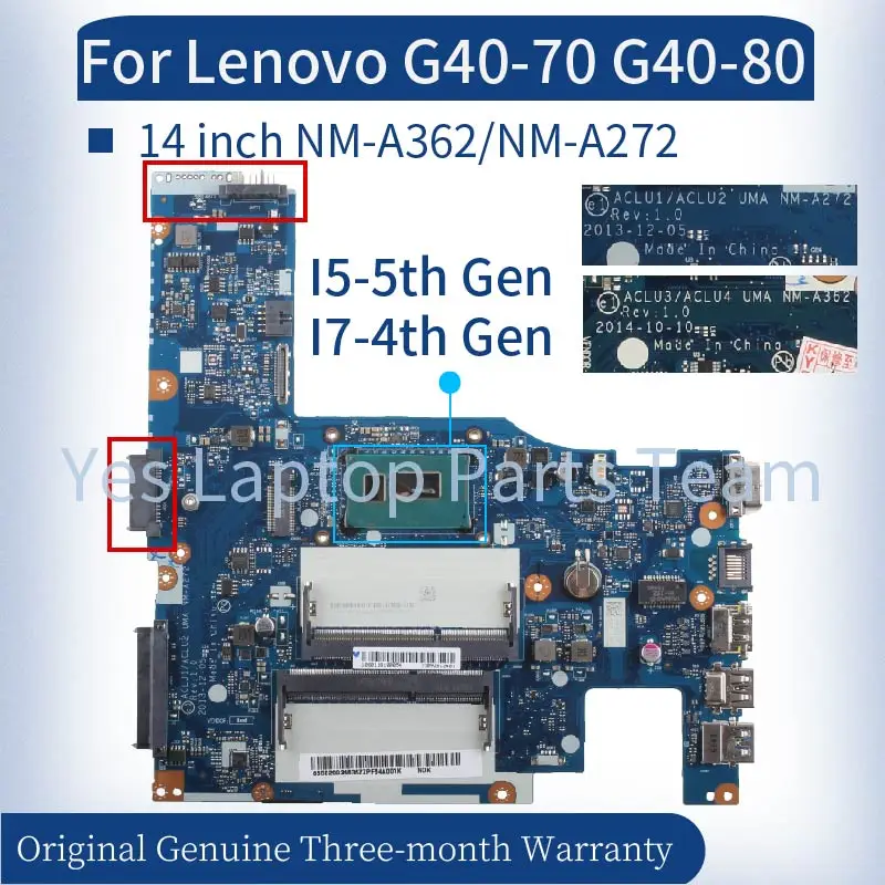 ACLU1/ACLU2 NM-A272 NM-A362 For Lenovo Ideapad 14 Inch G40-70 G40-80 Laptop Mainboard ACLU3/ACLU4 Notebook Motherboard DDR3L