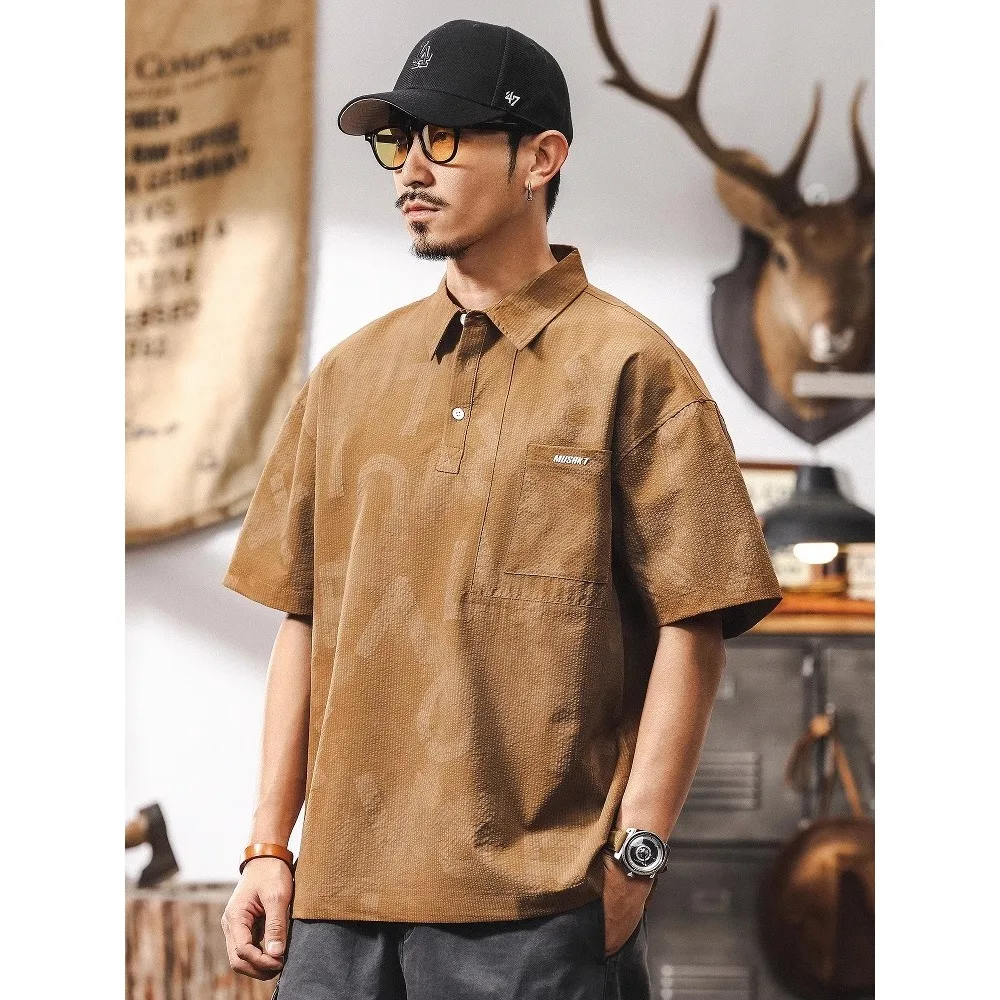 New summer men's fashion brand loose retro ice silk polo shirt casual short-sleeved T-shirt