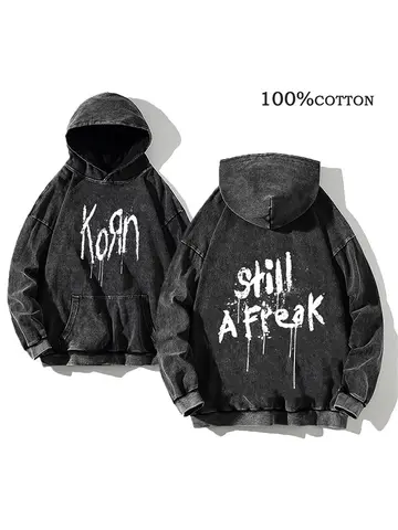 Korn Rock Band World Tour Hoodies Vintage Washed Men's Sweatshirts Cotton Hip Hop Streetwear Hooded Pullover Loose Y2K Tops