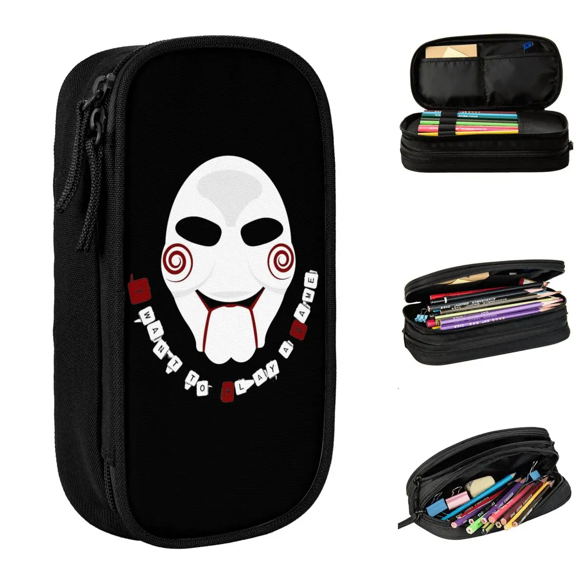 Large-capacity Pen Box Jigsaw Billy I Want To Play A Game Saw MOVIE School Supplies Double Layer Pencilcase Girl Makeup Bags