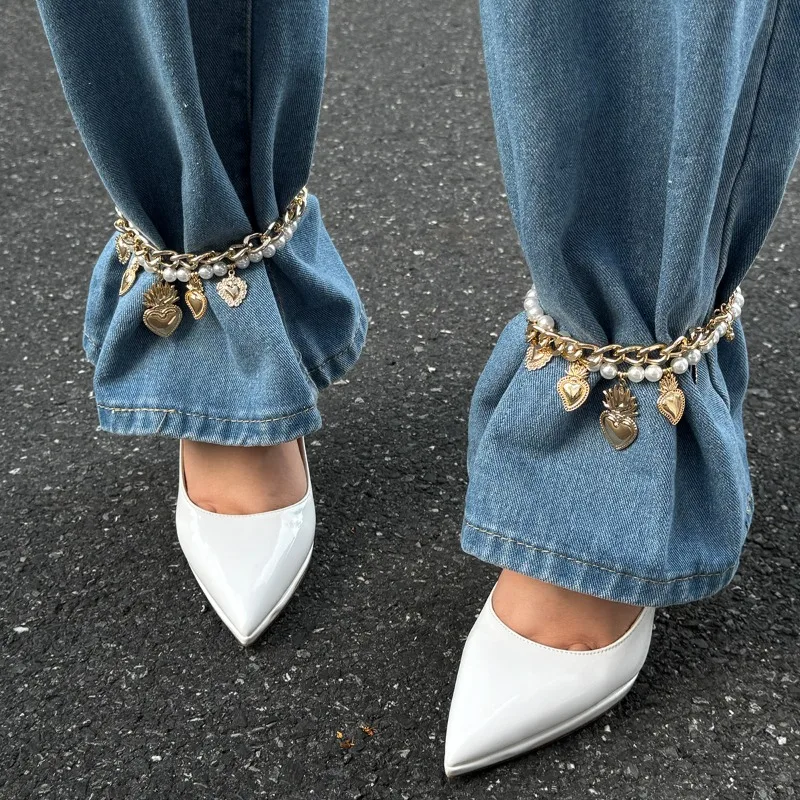 Europe and America Pearl Heart Pendant Metal Jeans Chain for Women Fashion Jewelry Minimalist Accessories Wholesale Party