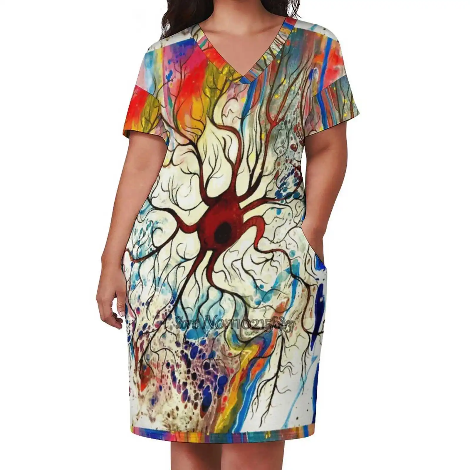 Rosehip Neuron V-Neck Short Sleeve Dress A-Line Skirt Women'S Clothing Office Lady Elegant Skirt Science Neuroscience Neuron