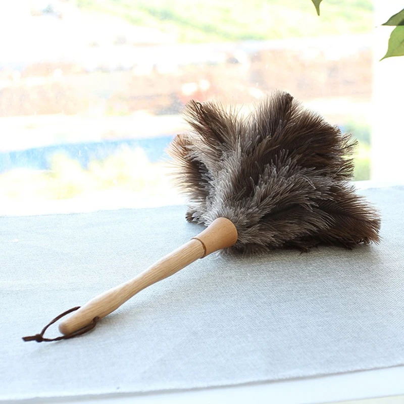 Plumero de pluma de avestruz Natural con mango de madera, cepillo de polvo ecológico, plumero de mano, suministros de limpieza