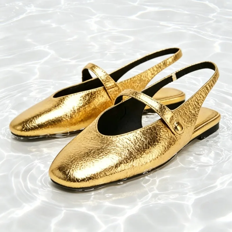 Sexy Gold Metallic Pattern Slingback Ballet Flats Women Fashion Round Toe Buckle Mary Jane Shoes Luxury Designer Flat Sandals
