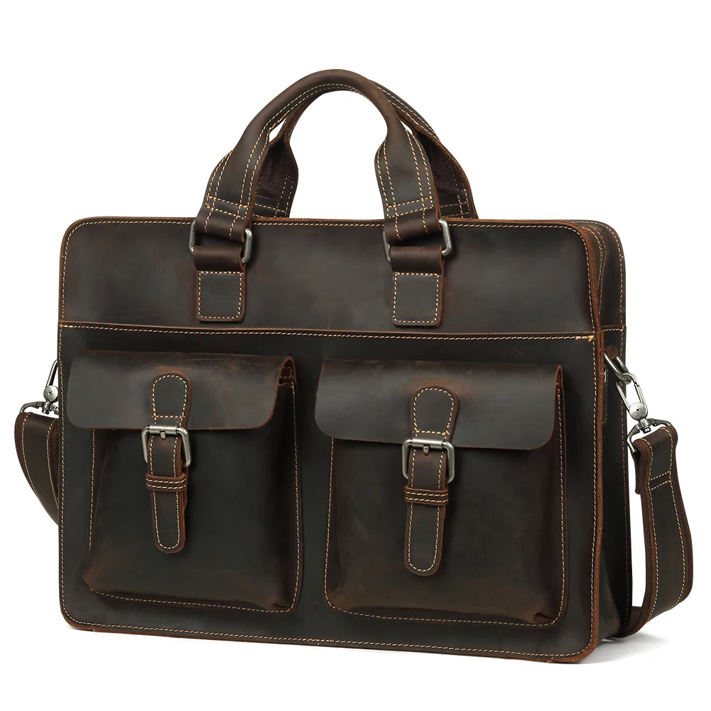 Maleta de couro genuíno para homens, bolsa de computador de negócios portátil, Crazy Horse, bolsa de trabalho masculina, 15,6"