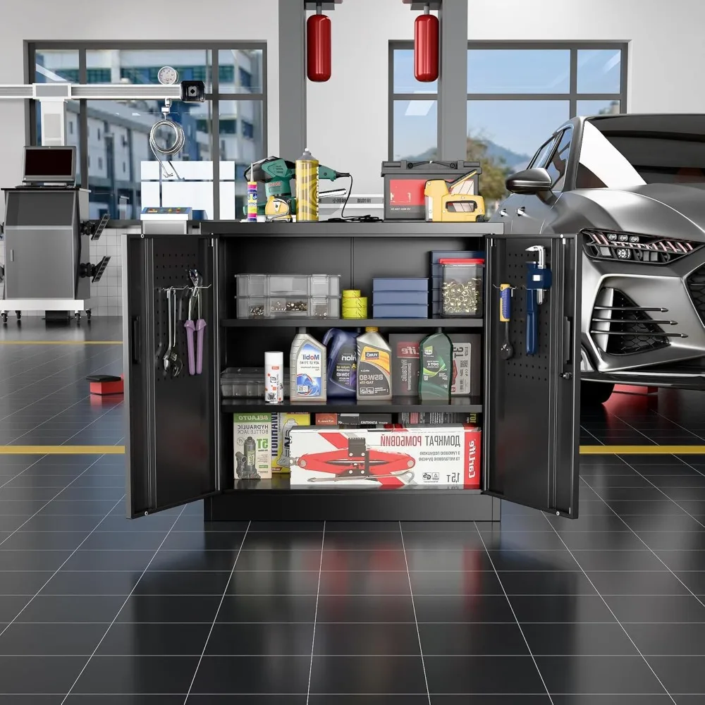 خزانة تخزين جراج صغيرة 31.5 ساعة مع لوح بيجبورد، خزانة تخزين ملفات قابلة للقفل مع رفين قابلين للتعديل للمرآب