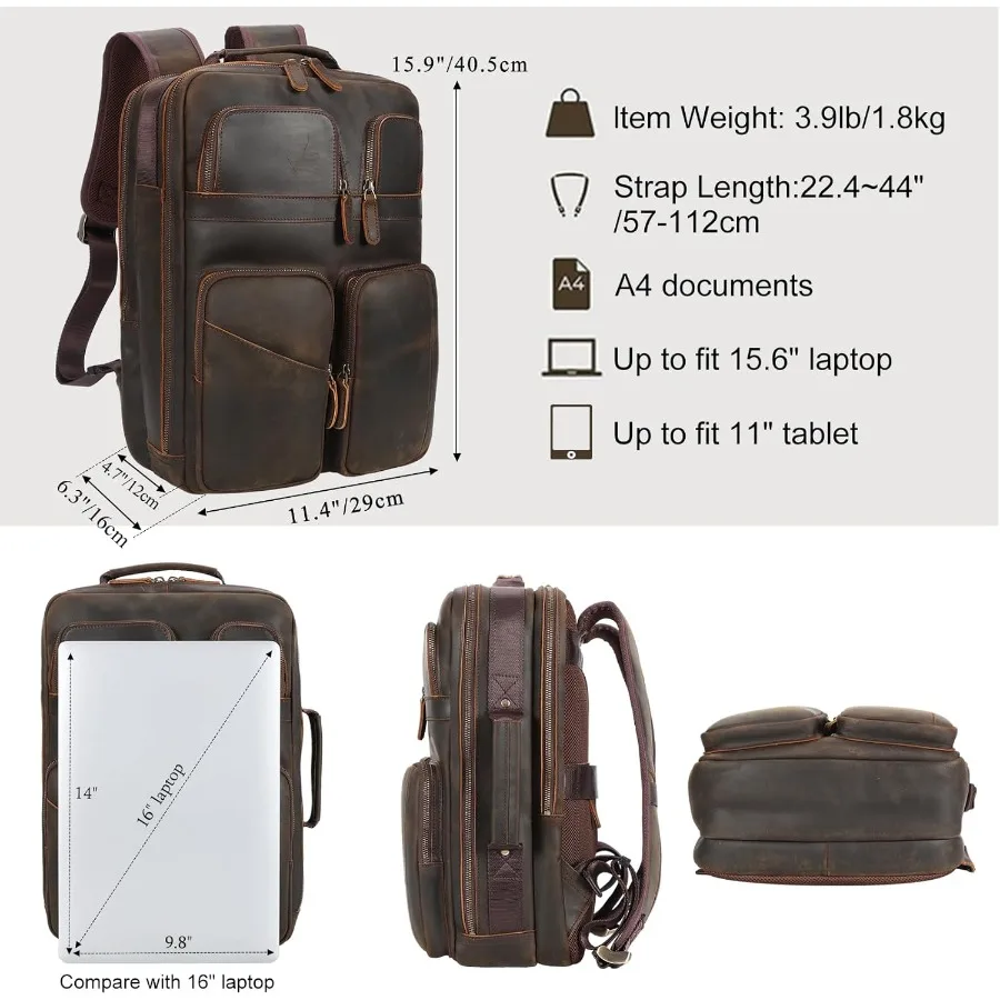 حقيبة ظهر للكمبيوتر المحمول مقاس 15.6 بوصة من الجلد المحبب بالكامل من TIDING للرجال متعددة الجيوب حقيبة ظهر كاجوال للسفر والعمل #2