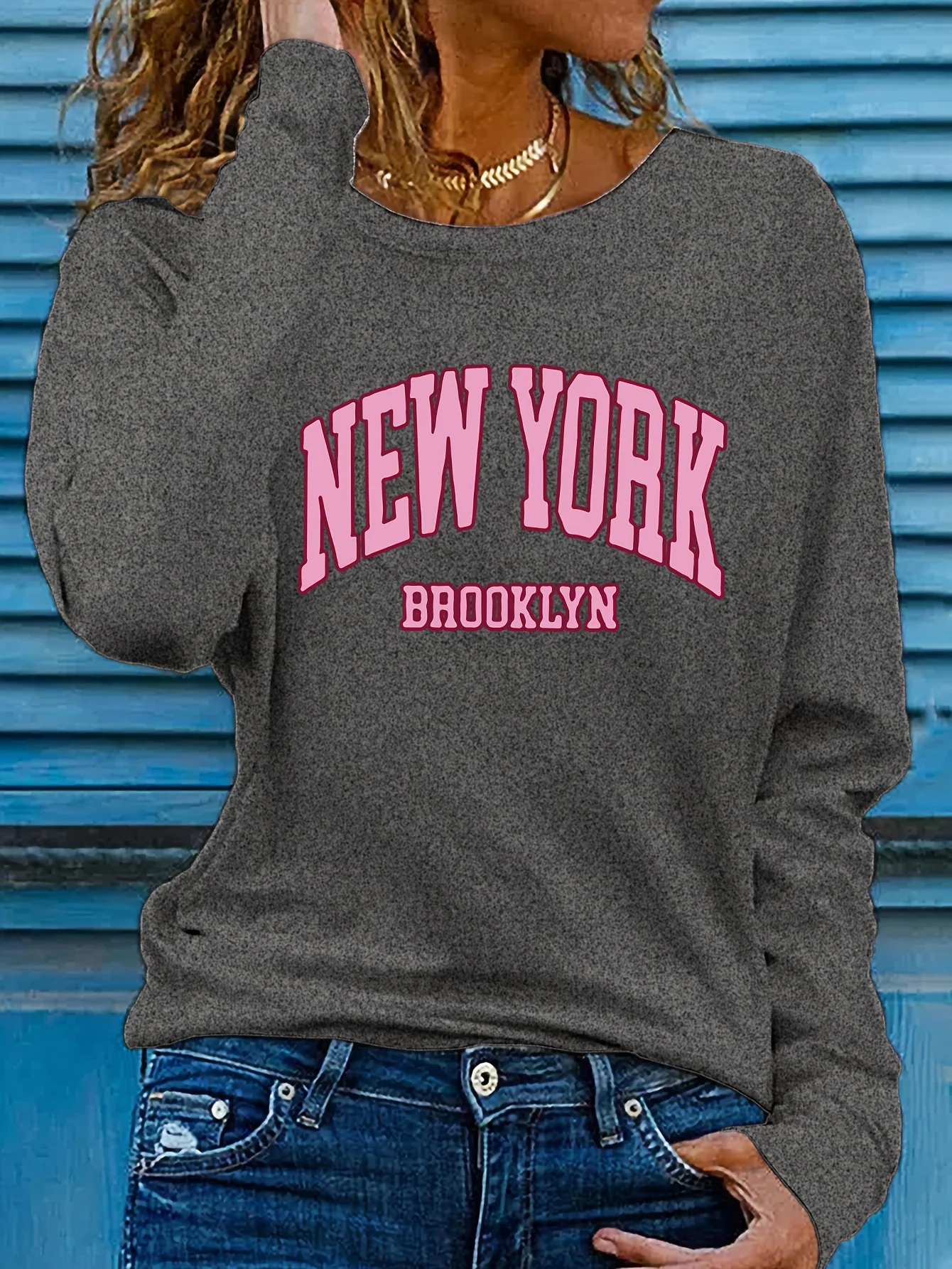 تي شيرت نسائي للخريف والشتاء 100% من القطن الخالص كاجوال عصرية من بروكلين نيويورك مطبوع فضفاض برقبة دائرية وأكمام طويلة #1