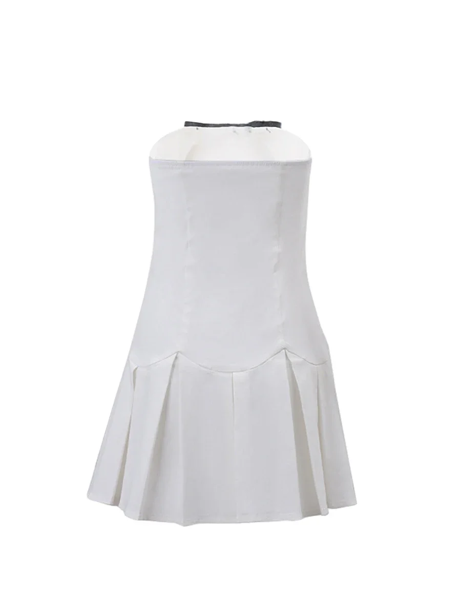 Women Summer Tube Dress Bowknot Embellished Boat Neck Strapless Dress Fashion Pleated Backless Mini Dress Vestido