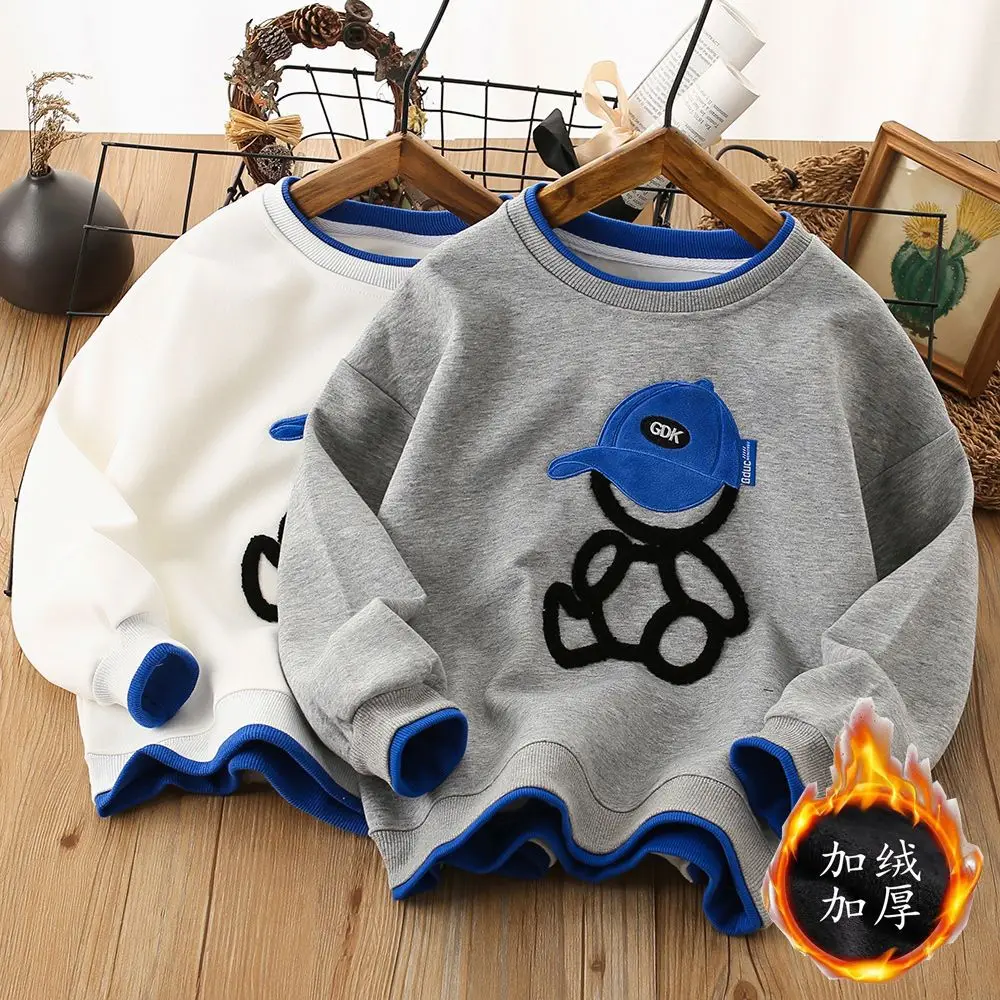 Boys Winter Clothing Brushed Hoody Autumn and Winter Children's Thickened Bottoming Shirt Fleece Top Single-Layer  Handsome