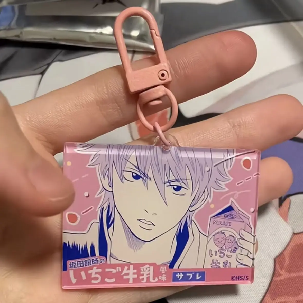 GINTAMA Anime Keychain Women Sakata Gintoki Acrylic Key Chain Man Pink Pendant Key Ring Bag Pendant Ornament Accessories Gift