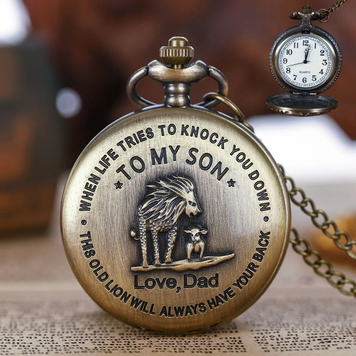 Vintage Lion Pocket Watch Embossed Necklace Watch Pointer to My Son Love Dad Parent-Child Gift Pocket Watch Jewelry Chain Watch Holiday Gift