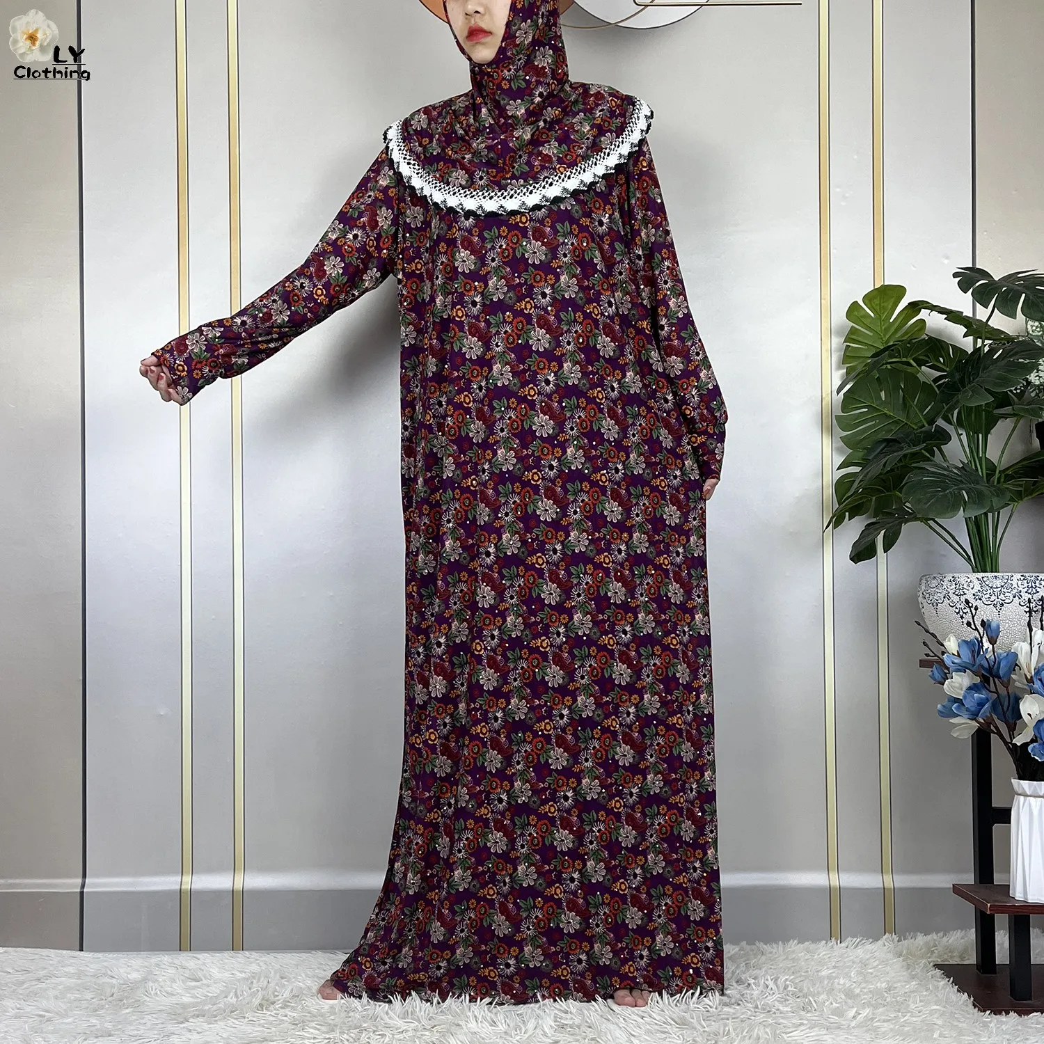 Vestido de manga larga con estampado Floral para mujer, Túnica suelta de Ramadán musulmán, pañuelo para la cabeza, Dubai, Turquía, Oriente Medio,