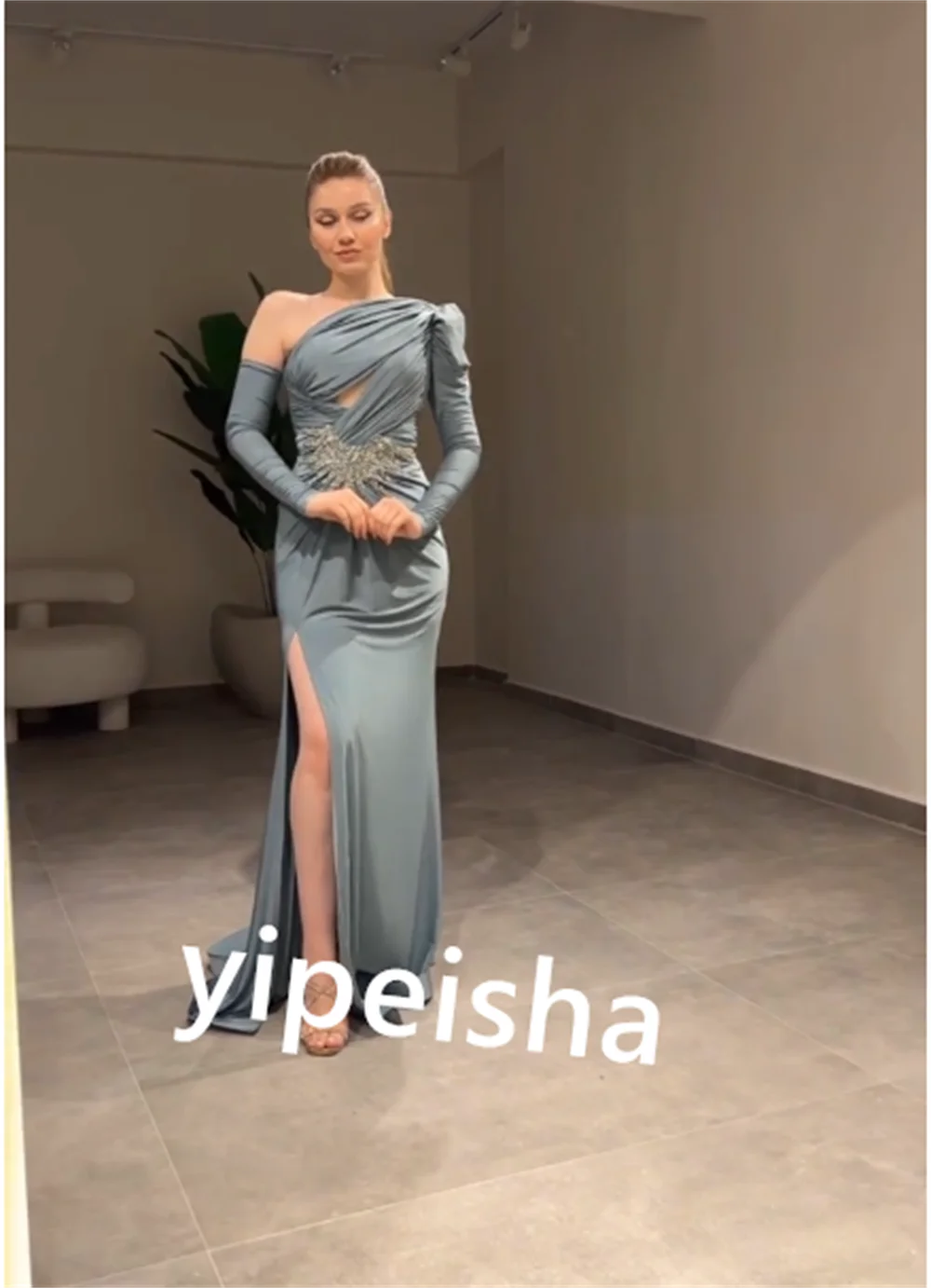 Robe de soirée plissée en jersey avec appliques, robe mi-longue sur mesure, gaine à épaules dénudées, occasion formelle