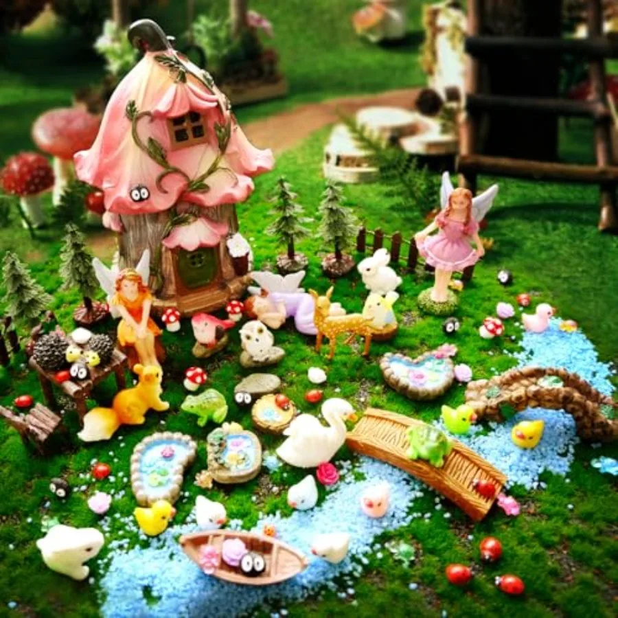

115 Pcs Fairy Garden Accessories Outdoor Kit Mini Fairy House Decor Resin Mushroom Cottage with Elves Deer Bunny Squirrel Owl F