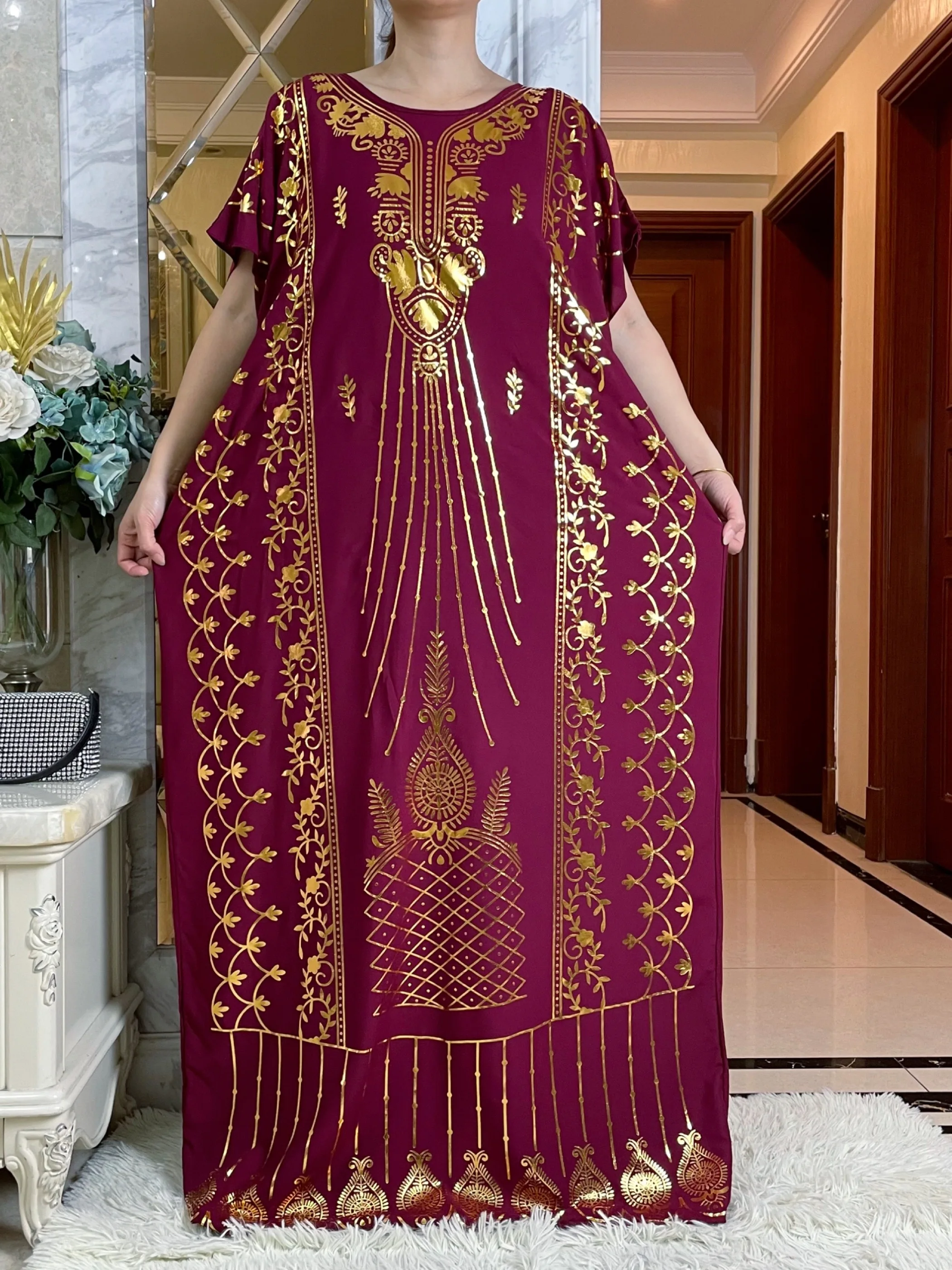 2024new Sommer lose Kurzarm Baumwolle Robe Gold Stempel Boubou Maxi Islam Femme Kleid mit großen Schal afrikanischen Abaya Kleidung