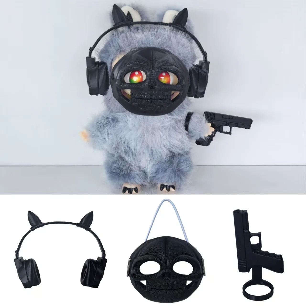 New For Labubu Halloween Funny Kit-Creative Mask+Headphones+Gun Movable Doll DIY Accessories,Ultimate Outfit for Labubu V1 V2