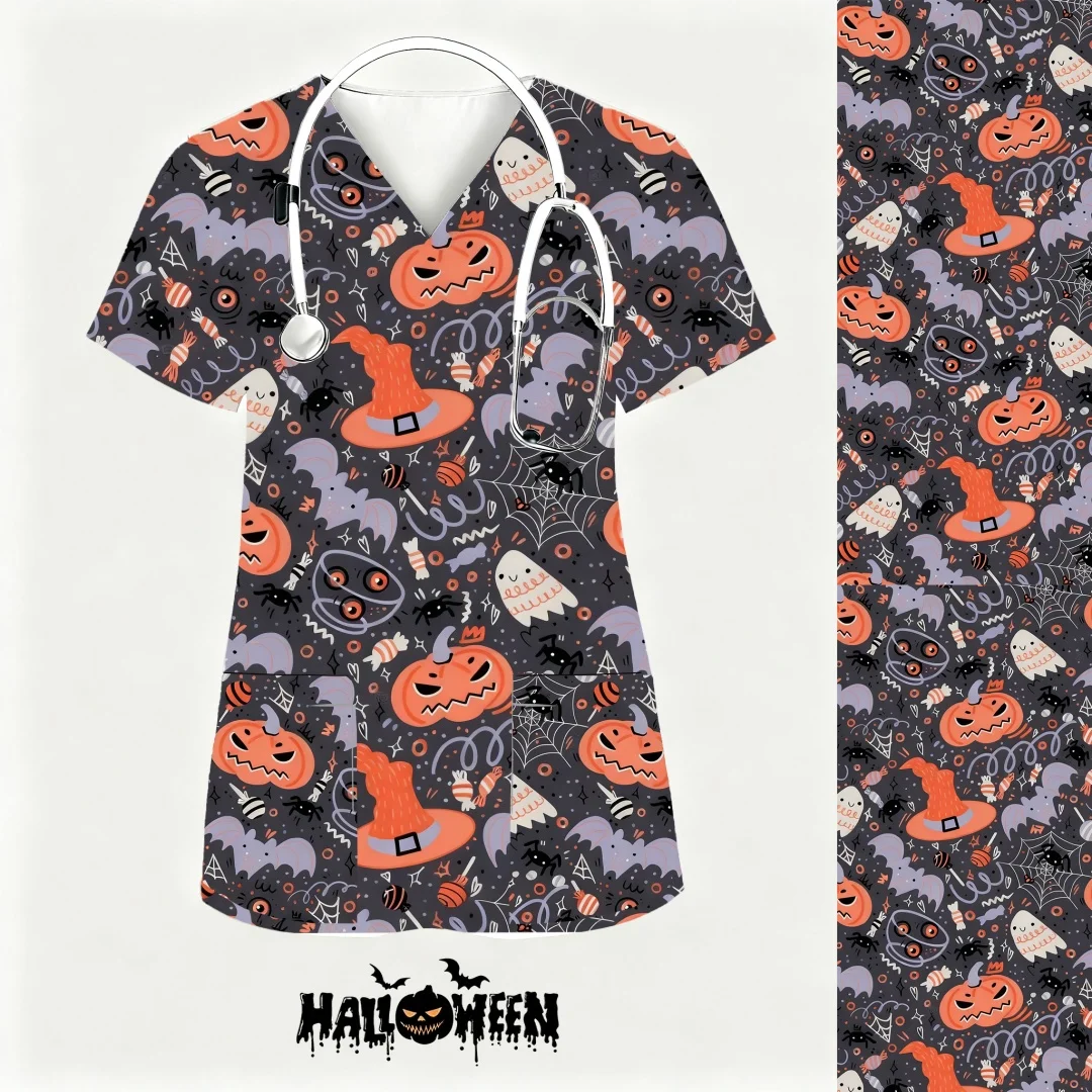Uniforme clínico feminino halloween abóbora padrão impressão uniformes médicos mulher uniformes de enfermagem roupas de trabalho de manga curta