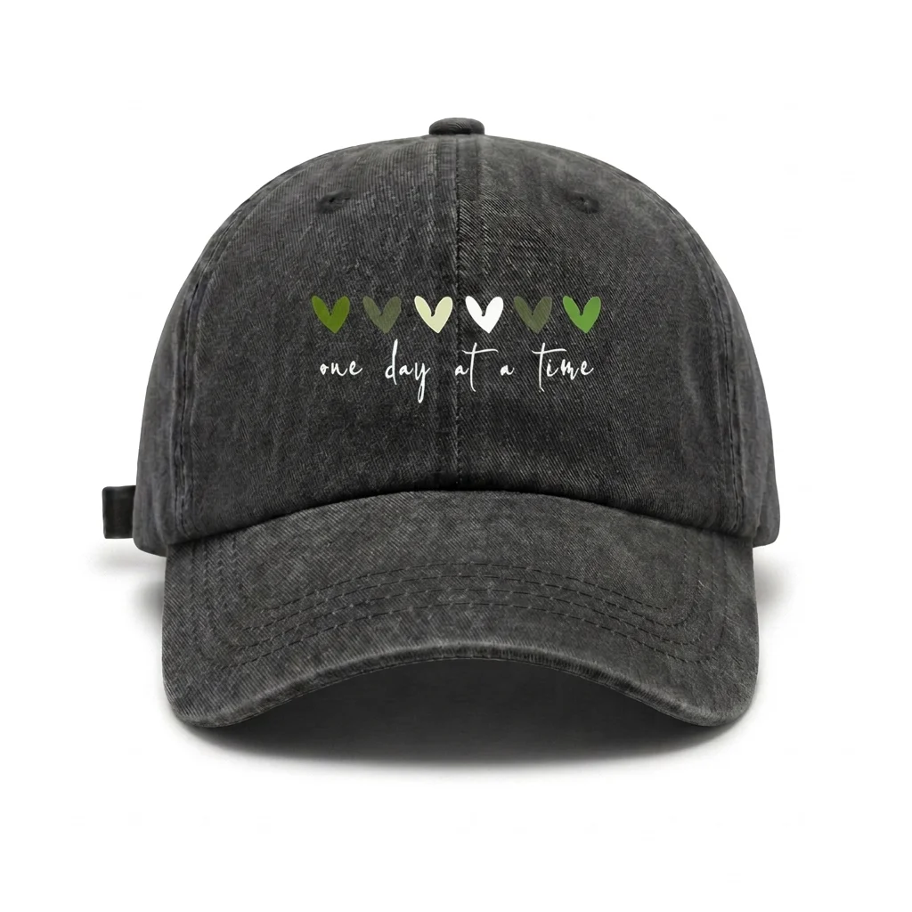 Adjustable Unisex One Day at a Time Heart Quote Baseball Cap, Vintage Washed Dad Hat, Positive Motivational Everyday Gift