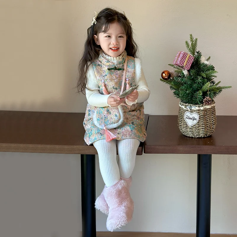 Mädchen Cheongsam Kleid Herbst und Winter Kinder Stilvolle Hanfu Baby Kinder Weste Set Neujahr Gruß Outfit 2025, Neu – Detail 6