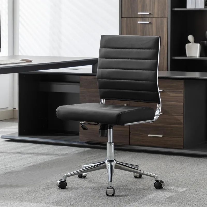 

home.Armless Office Desk Chair, Mid Back Leather Conference Room Chairs Without Armrests, Modern Office Chair Ribbed.