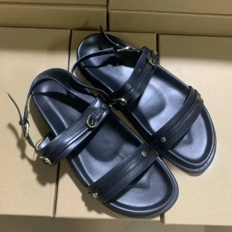 Classic Retro Black Women Flat Shoes 2026 Summer Thick Sole Metal Buckle Trendy Brand Soft Female Vacation Roman Sandals