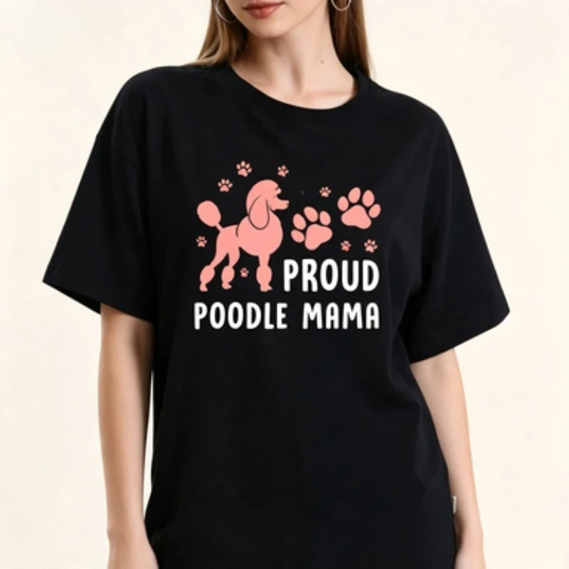 Women 100% Cotton T-Shirt Proud Poodle Mama Graphic Tee Poodle Dog Paw Print Pet Lover Casual Crew Neck Tops